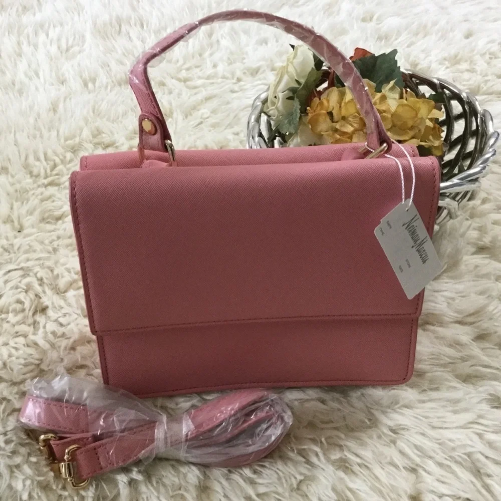 Two Sided Pink Faux Saffiano Crossbody Satchel